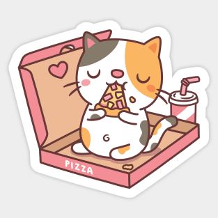 Cute Calico Cat Eating Pizza In Pizza Box Funny Sticker